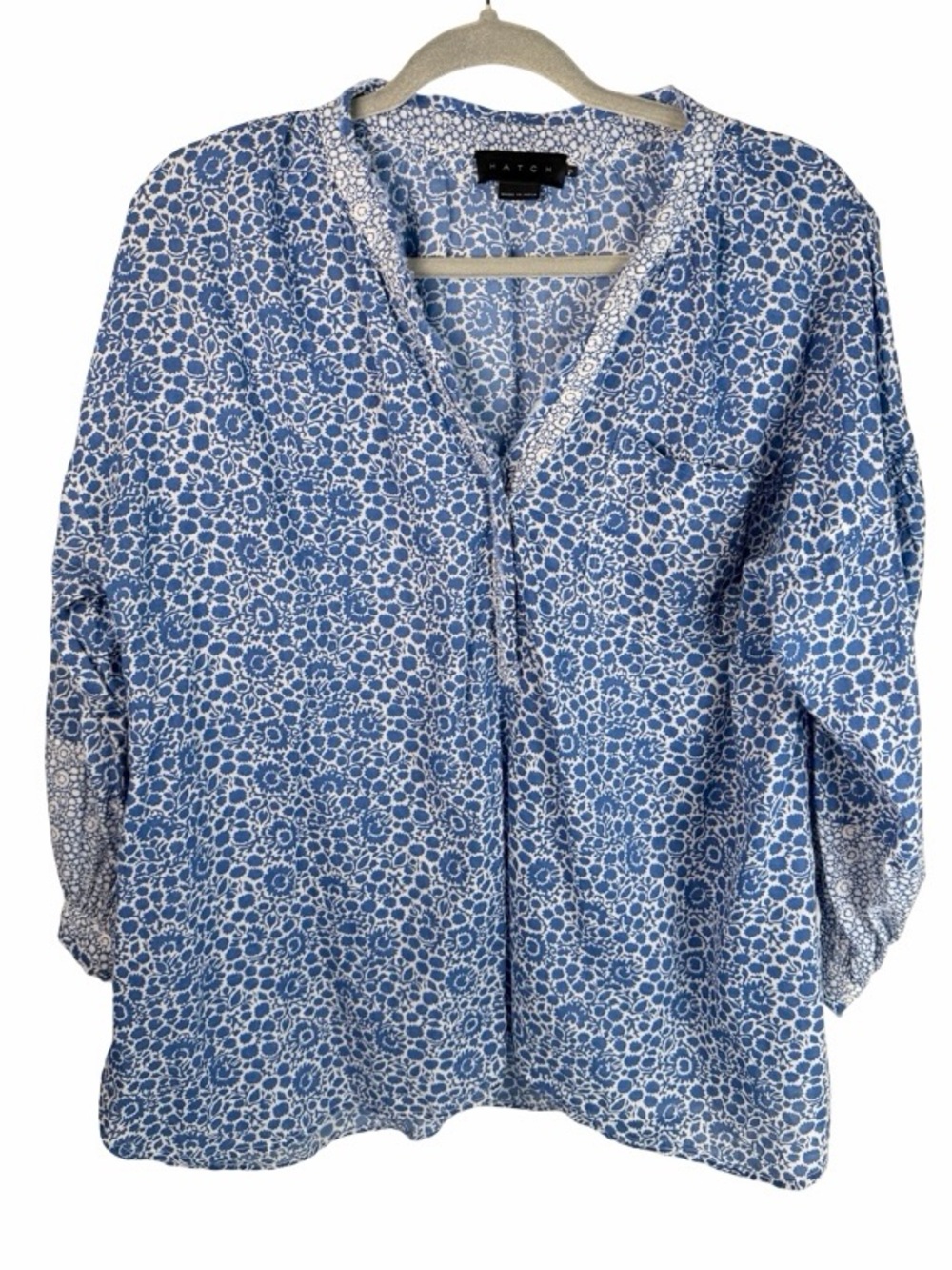Hatch Maternity Blue White Floral Print Cotton V-Neck Tunic Top Size 2/Medium